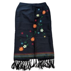 Kelly and Diana Black silk skirt with vibrant embroidered flowers & fringe sz 10